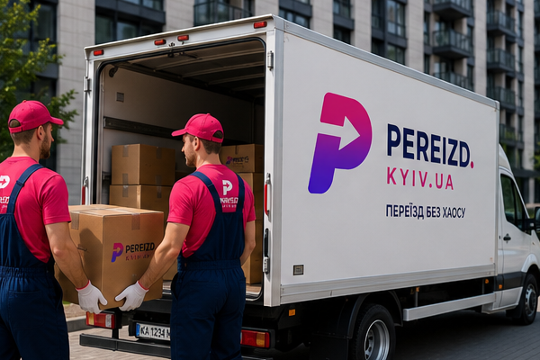 Команда pereizd.kyiv.ua заносить коробки у брендоване вантажне авто біля будинку